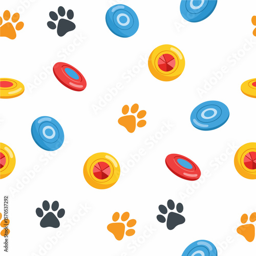 Playful vector pattern featuring colorful dog toys and paw prints scattered on a white background suitable for canine-themed designs.