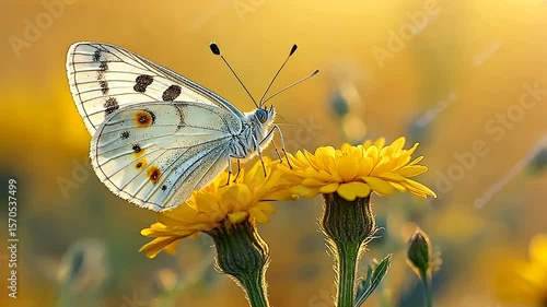 Close-up of a delicate apollo butterfly gracefully perched on a vibrant yellow flower basking in warm sunlight