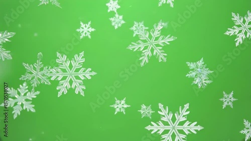 Realistic snowflakes drifting downward on green screen background 