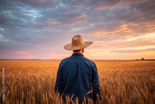 Farmer in straw hat surveys golden wheat field at sunset