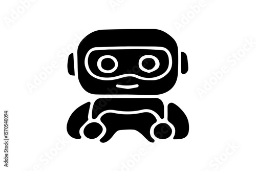 The image is a solid black silhouette of a cartoon-style robot icon set against a white background. The robot has a rounded head with a goggle-like visor featuring two circular eye cutouts