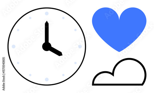 Analog clock with bold black hands, a blue heart, and a curved outlined cloud. Ideal for time management, love, emotion, dreams, mindfulness, simplicity simple landing page