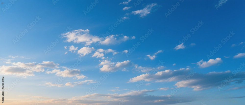 Obraz premium A highly realistic view of a deep blue sky during late afternoon, featuring soft, scattered clouds drifting across the frame.