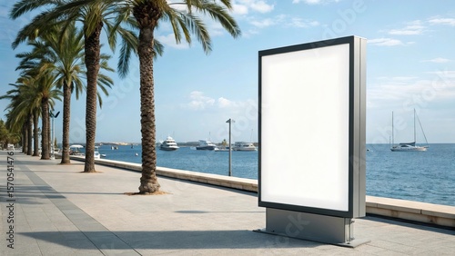 Blank digital billboard on a sunny promenade with palm trees and yachts in the ocean
