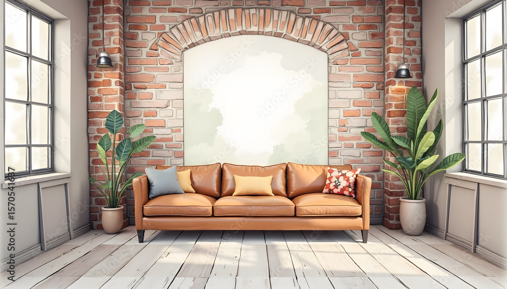 Fototapeta premium Rustic living room with exposed brick wall and comfortable sofa. Represents industrial chic, comfort, or urban loft style. Stylish and cozy.
