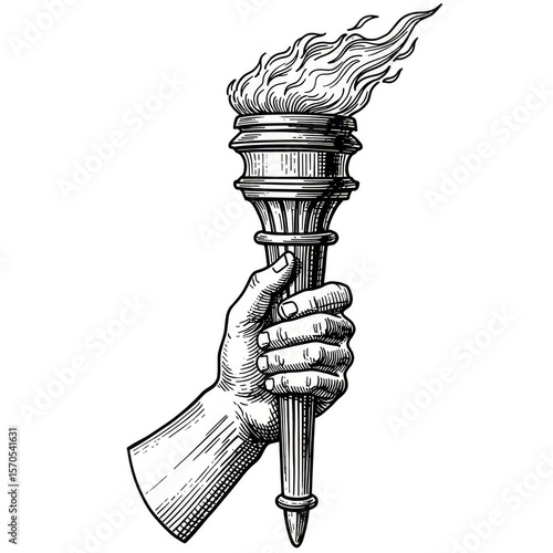 Vintage Illustration of Hand Holding a Burning Bright Torch