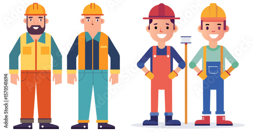 Diverse construction workers standing together wearing hard hats and work clothes