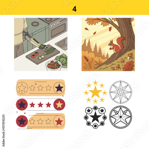 Collage of illustrations featuring a robot cooking a squirrel in autumn and star rating systems