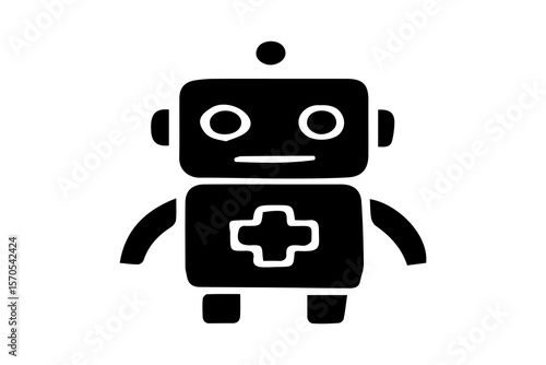 The image displays a black silhouette or solid black icon of a robot with a distinct medical or helpful theme, set against a plain white background.