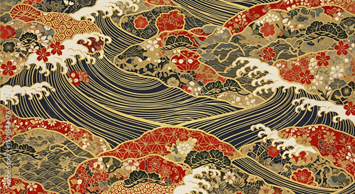 Detailed japanese pattern with waves flowers and geometric shapes in red gold black and white colors