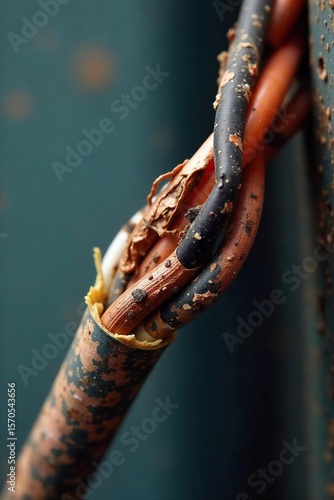 Dangerous Frayed Electrical Wiring Close-up of Exposed Copper Wires and Damaged Insulation Highlighting Electrical Safety Hazards