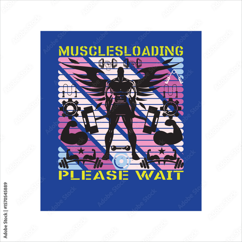 Fototapeta premium fitness t-shirt design and bodybuilder, exercise. muscleloading ,please wait