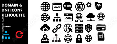 Domain & DNS Icons Silhouette Vector Set – Internet Addressing, Domain Structure and Web Configuration Symbols
