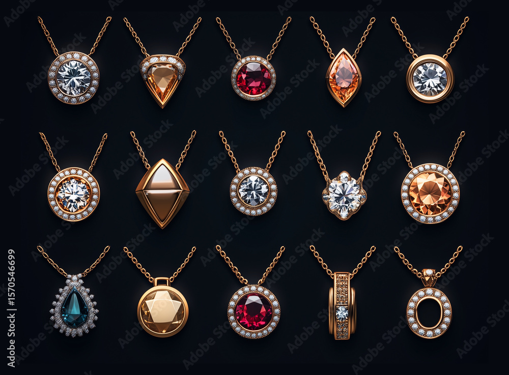 Set of luxury jewelry collection including gold pendants with white diamonds, red ruby, yellow amber, green emerald. Realistic style illustration isolated on black background Set of luxury jewelry collection including gold pendants with white diamonds, red ruby, yellow amber, green emerald. Realistic style illustration isolated on black background