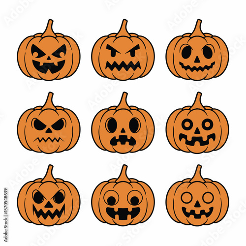 Nine Halloween Pumpkins with Various Cartoon Faces