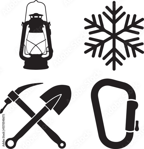 Vintage lantern snowflake pickaxe shovel carabiner kerosene lamp ice crystal