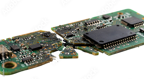 Broken Green Circuit Board with Black Chip Isolated on Black