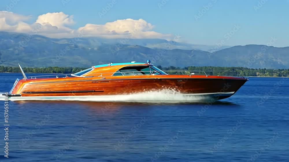 A sleek wooden motorboat cruising across a serene lake with mountains in the background