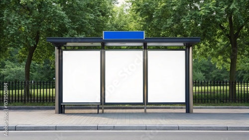 Modern bus stop shelter with three blank white advertising billboards and a blue sign against a backdrop of lush green trees