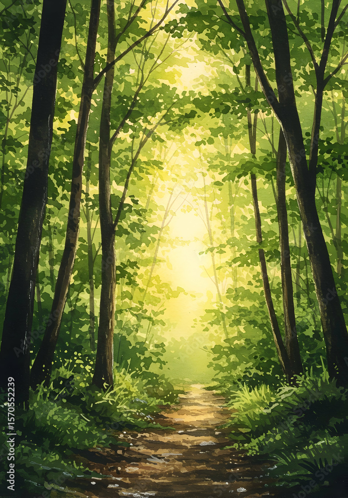 Obraz premium Sunlit Trail: A Serene Path Through the Heart of the Forest