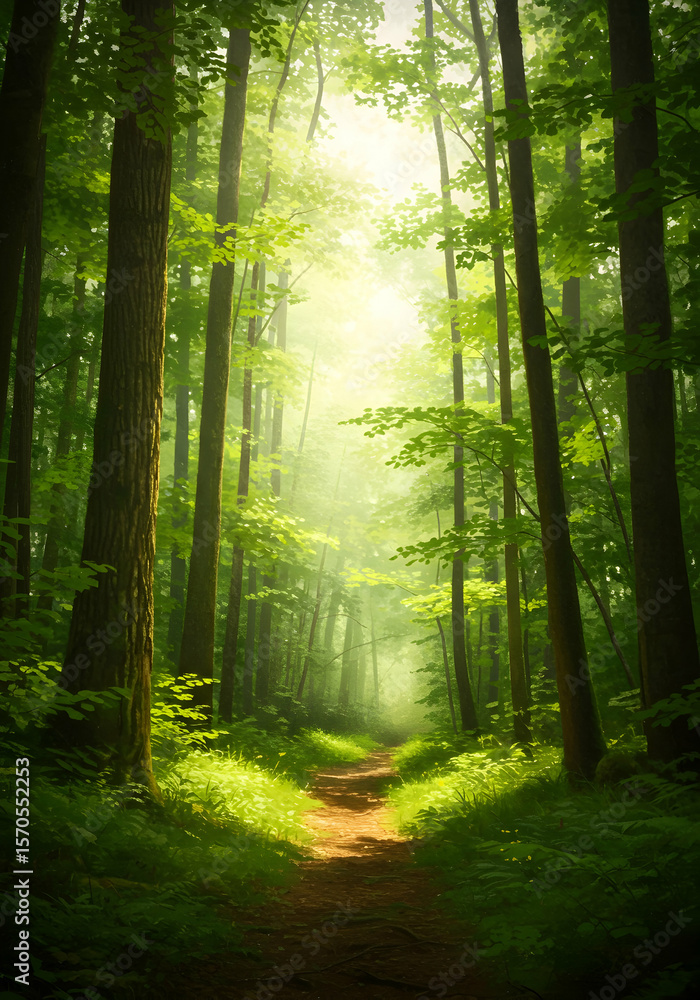Obraz premium Sunlit Trail: A Serene Path Through the Heart of the Forest