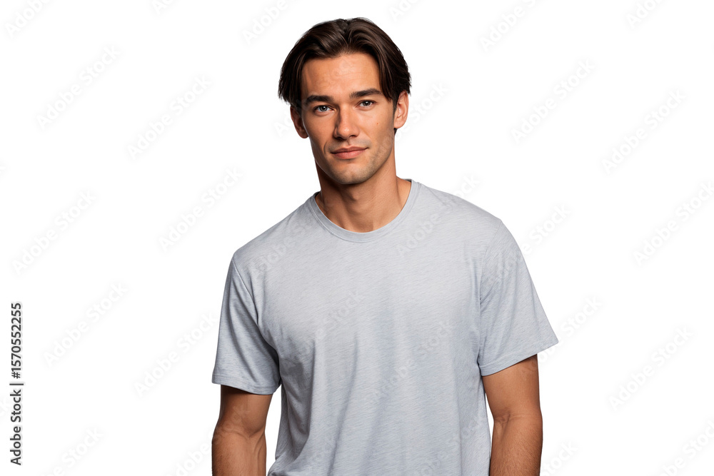 Attractive young man in light gray t-shirt with a calm, friendly expression on a transparent background, looking at the camera Attractive young man in light gray t-shirt with a calm, friendly expression on a transparent background, looking at the camera