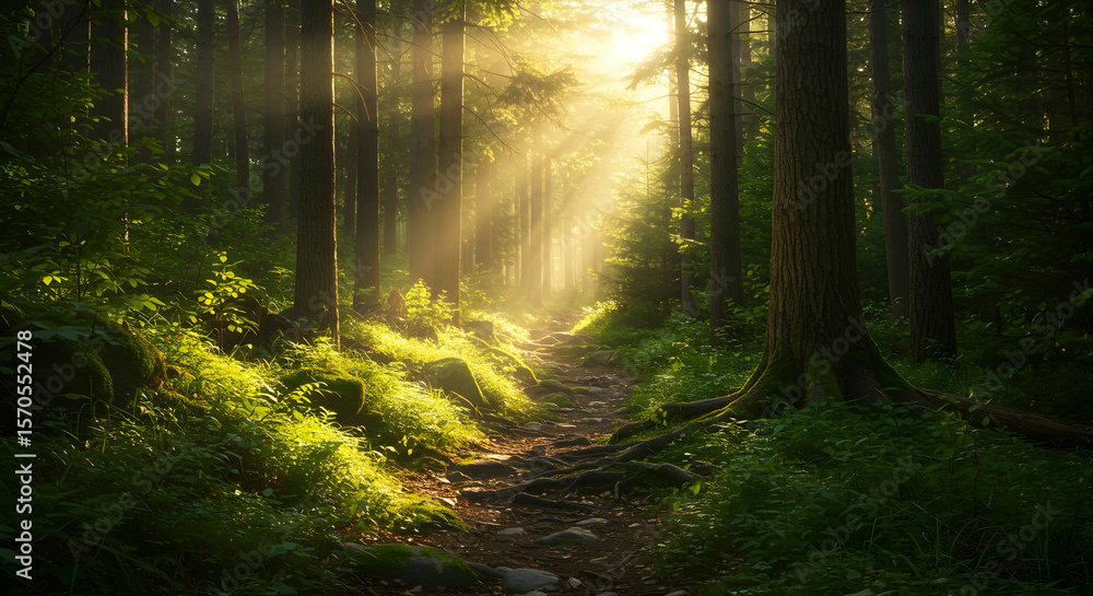 Obraz premium Sunlit Trail: A Serene Path Through the Heart of the Forest
