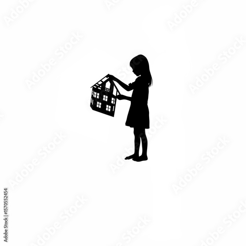 Silhouette of girl building miniature model house on white background