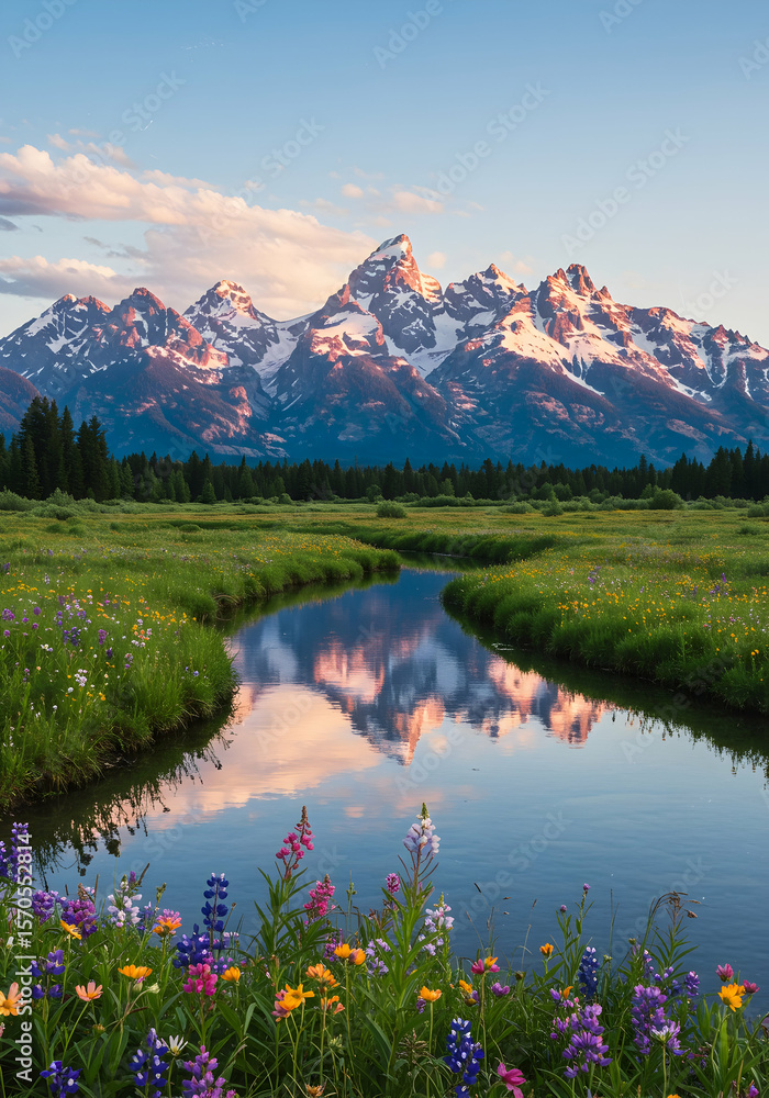Fototapeta premium Savanna Serenity: A Winding River Beneath Snow-Capped Peaks