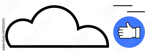 Cloud outline next to a blue thumbs-up icon with motion lines, conveying speed, approval, and connectivity. Ideal for technology, communication, cloud storage, feedback, efficiency networking