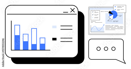Bar graph, pie chart, messaging bubble emphasize analytics, teamwork, report, progress tracking. Ideal for business, tech, communication collaboration strategy remote work simple landing page