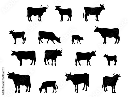 Cool illustration. Black silhouette on white background. Cow.
