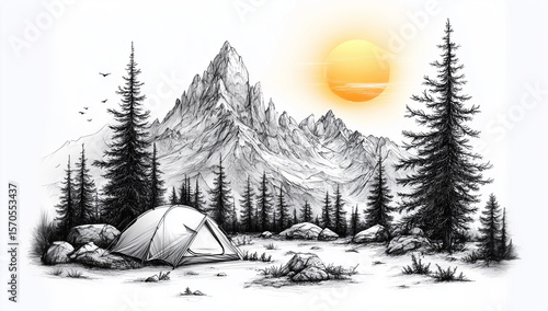 Mountain camping scene at dawn, with detailed tents, pine trees, and a rising sun. Hand draw sketch illustration isolated on white background