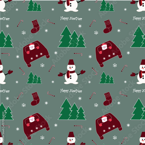 Seamless Christmas pattern featuring a car with Santa Claus, Christmas trees, snowmen, snowflakes, and festive stockings filled with gifts, designed in a cheerful decorative style.
