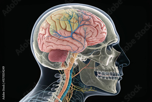 Vibrantly colored human brain within a transparent skull, detailed anatomical rendering for educational and medical purposes.