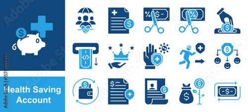Health Savings Account icon set with Health insurance, Medical expense, Tax free, Deposit, Withdrawal, Account holder, Saving account.