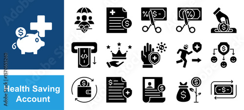 Health Savings Account icon set with Health insurance, Medical expense, Tax free, Deposit, Withdrawal, Account holder, Saving account.