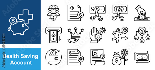 Health Savings Account icon set with Health insurance, Medical expense, Tax free, Deposit, Withdrawal, Account holder, Saving account.