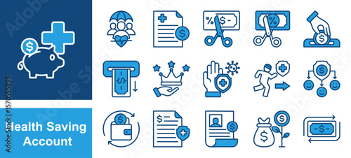 Health Savings Account icon set with Health insurance, Medical expense, Tax free, Deposit, Withdrawal, Account holder, Saving account.
