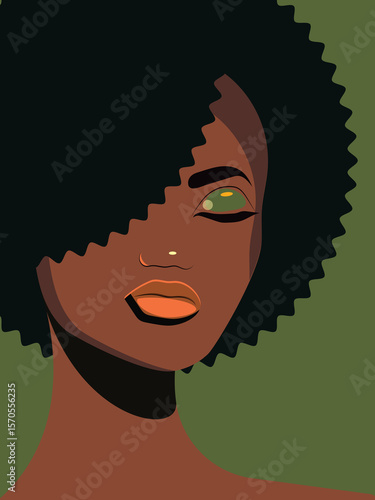 African American woman with makeup with closed eyes and stylish curls on green background. 