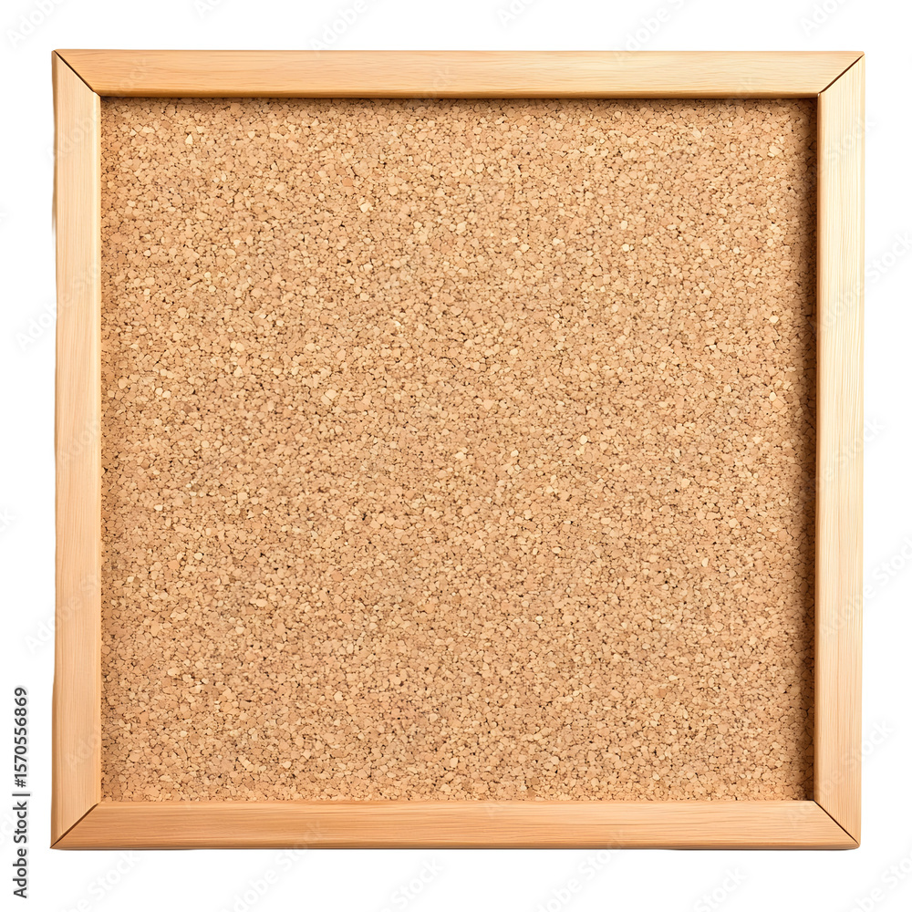 Fototapeta premium A simple square cork notice board with a light wooden frame isolated on transparent background