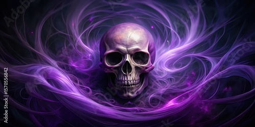 Dark spectral skull with glowing eyes floating in a swirl of eerie purple hues and wispy black tendrils, skull, eerie,  skull