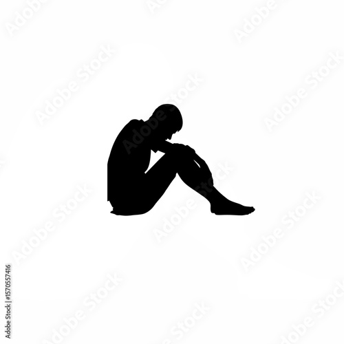 Silhouette of person sitting with head down sadly on white background