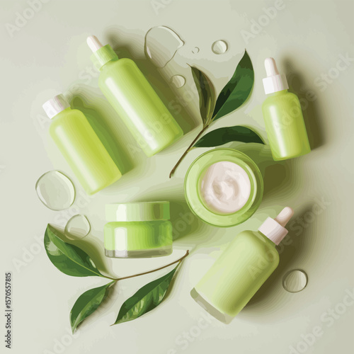 Green Beauty Products with Fresh Tea Leaves