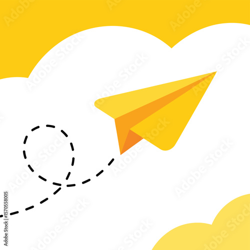 Yellow Paper Airplane Flying Through Clouds