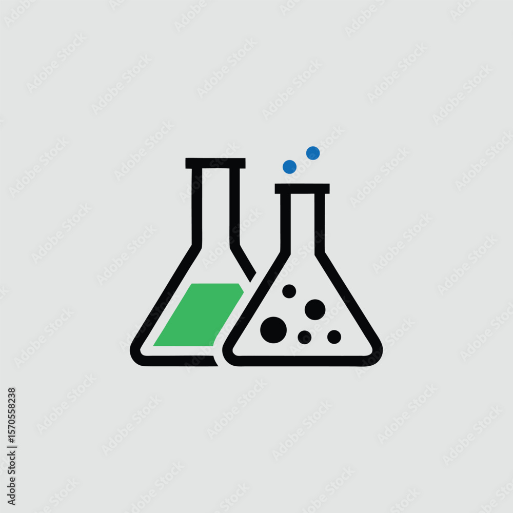 Two beakers, one with green liquid and the other with black dots and blue bubbles, on a gray background Two beakers, one with green liquid and the other with black dots and blue bubbles, on a gray background