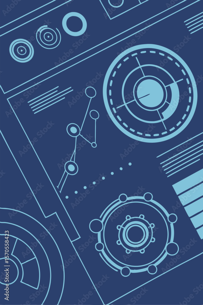 Obraz premium Blue background with light blue geometric shapes, circles, lines, and dots, creating a technical or schematic design, with a modern and minimalist aesthetic