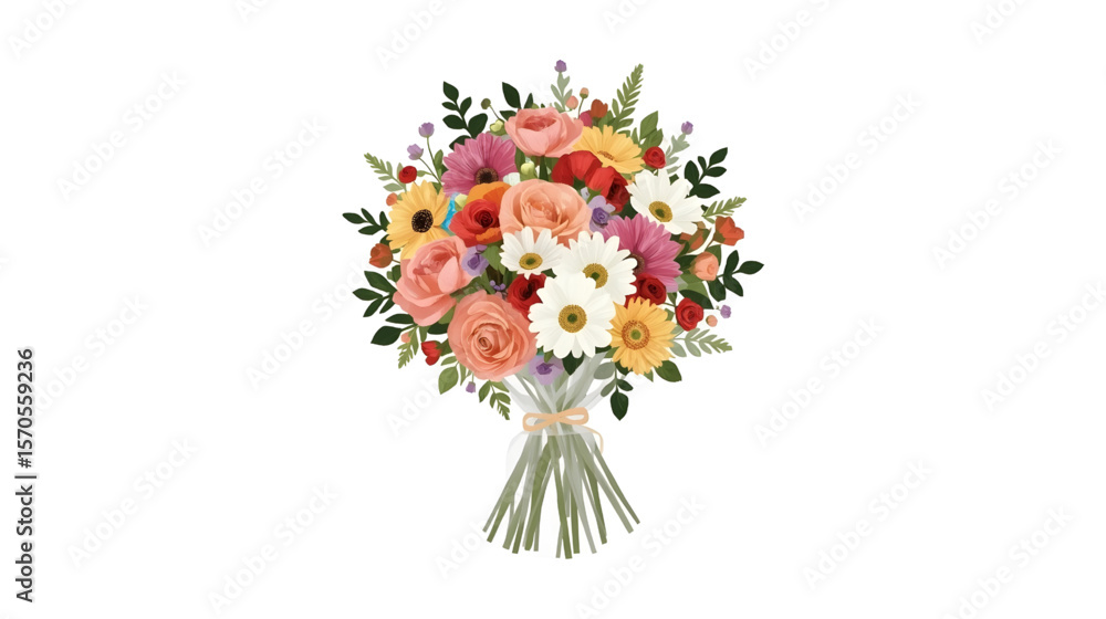 Obraz premium illustration features a beautifully arranged bouquet of colorful flowers, carefully wrapped in white paper and tied with a delicate ribbon. The bouquet contains a harmonious blend of various blossoms