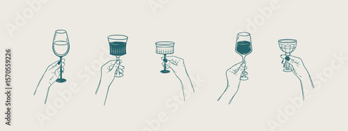 Hand drawn doodle set of human hands holding glasses of wine and other drinks. Linear collection with alcoholic drink in sketch style. Minimal design elements for poster, menu, invitation, banner