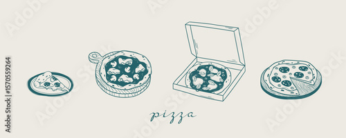 Hand drawn outline set with Italian pizza on a plate, pizza box, piece. Mediterranean traditional baked food in sketch style. Vintage doodle design for kitchen wall art, print, menu, interior